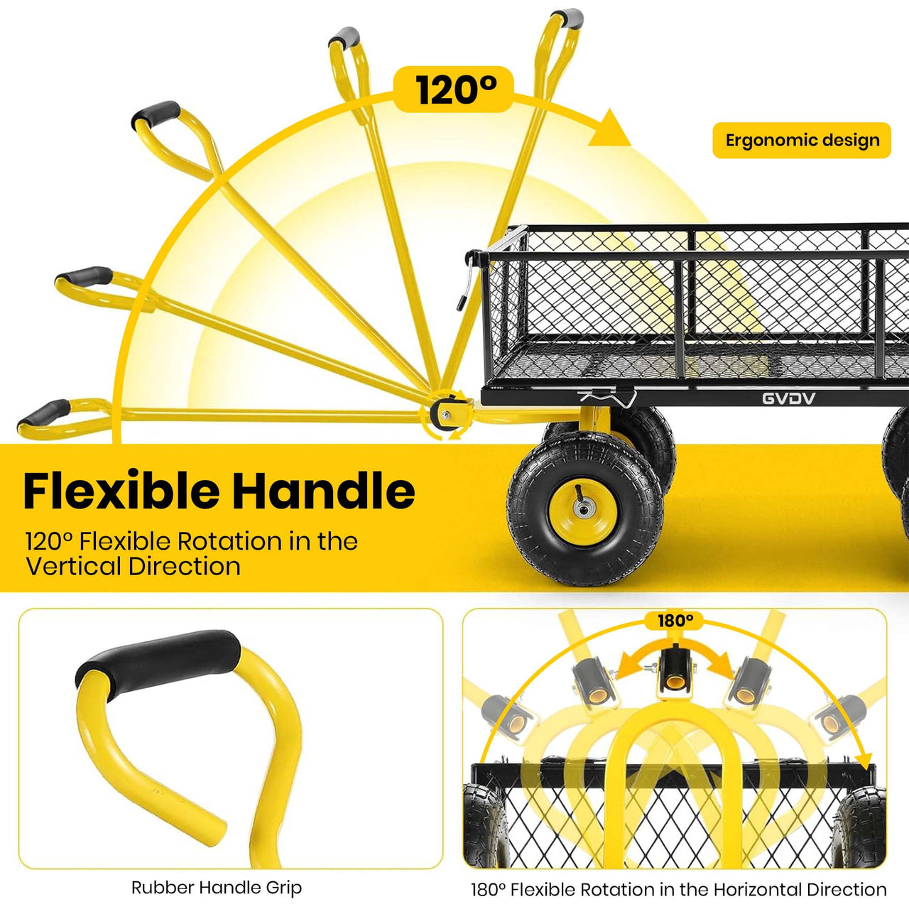 GVDV Heavy Duty Steel Garden Cart with Liner, 660lbs Capacity, 3 Cu ft, 10" All-Terrain Wheels, Black/Yellow – Durable Utility Cart for Yard Work, Hauling, and Outdoor Use