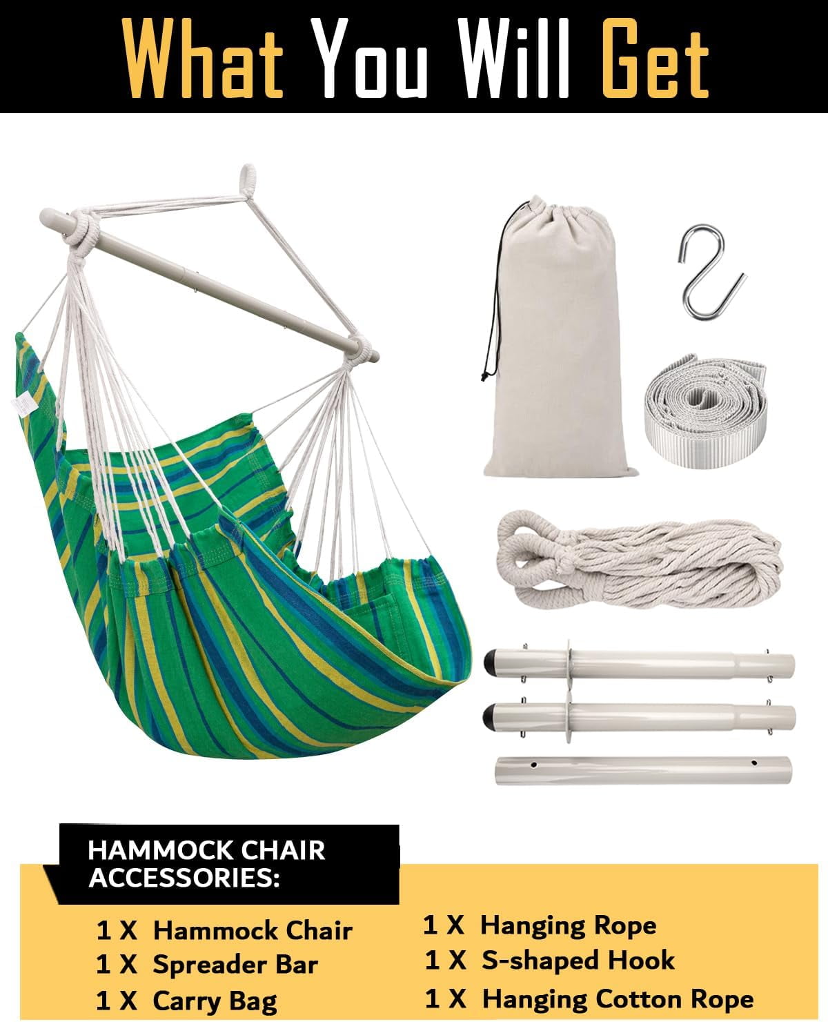 Sunyear Hammock Chair Swing Max 500 lbs with Sturdy Metal Bar & Anti-Slip Safety Rings Swing Chair Outdoor/Indoor Use - Hanging Chair for Bedroom, Patio,  Porch, Deck