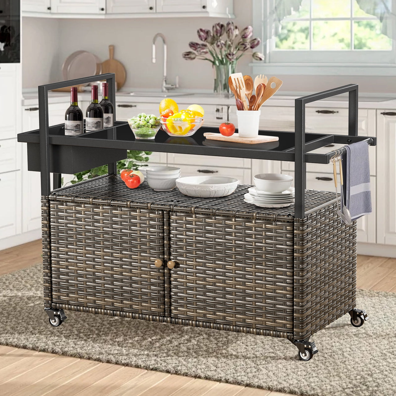 Gymojoy Outdoor Dining Cart Table, Patio Grill Cart with Tempered Glass Top,Wicker Storage Cabinet, Lockable Wheels and Side Basket for Garden, Poolside & Backyard, Gray