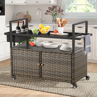 Gymojoy Outdoor Dining Cart Table, Patio Grill Cart with Tempered Glass Top,Wicker Storage Cabinet, Lockable Wheels and Side Basket for Garden, Poolside & Backyard, Gray