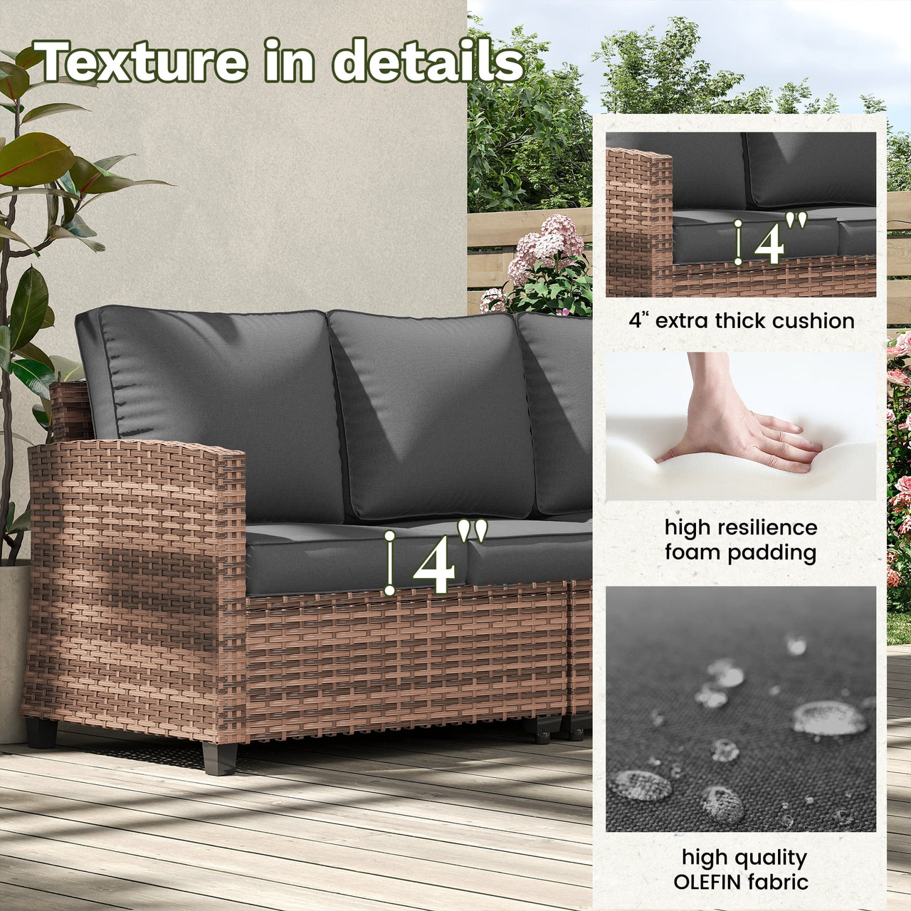 POTEBAN Patio Furniture Set with 44" Fire Pit Table, 7 Pieces Outdoor Sectional Couch, Black Wicker Rattan Conversation Sofa with Swivel Chair for Garden Backyard Deck, Dark Grey