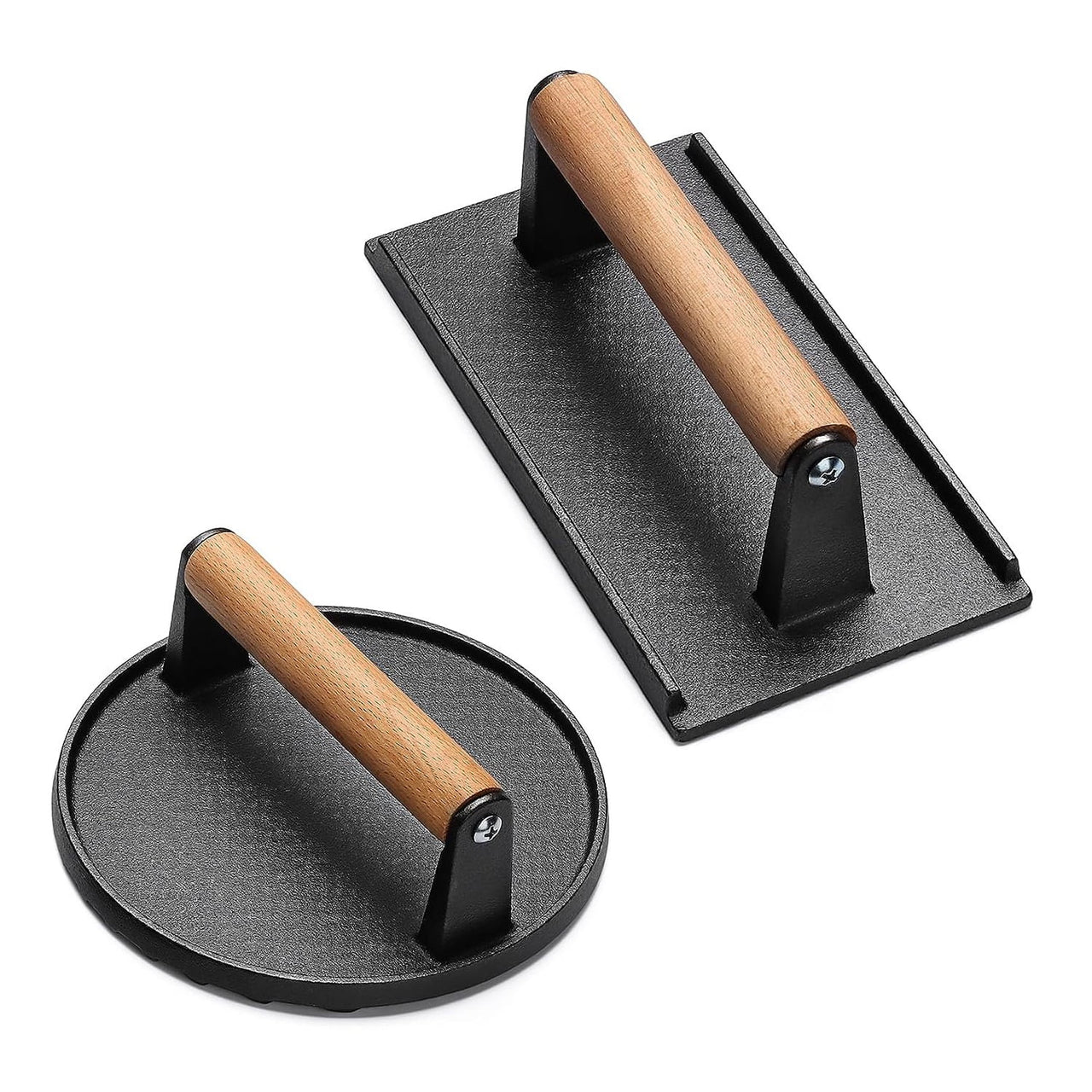 2Pcs Burger Press Heavy-Duty Cast Iron Smashed Meat Steak Weight Grill Griddle Press (7" Round & 8.2"X4.3" Rectangle) with Wood Handle for Camping Griddle