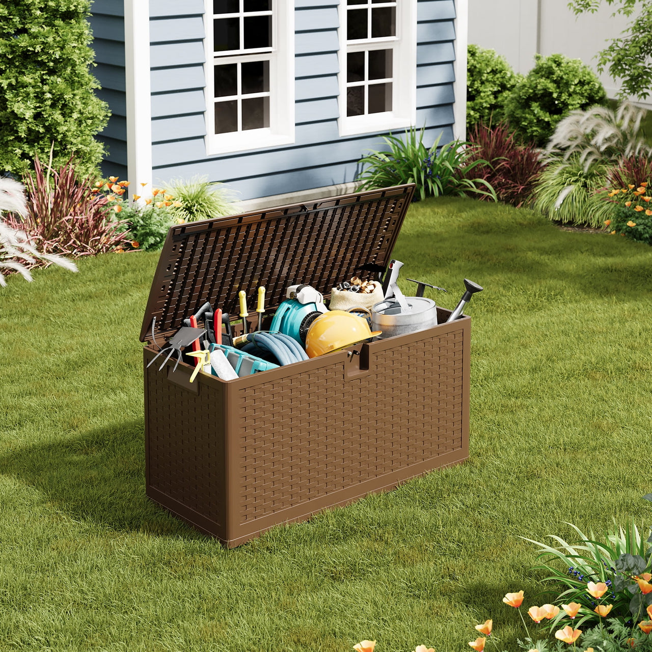 Ataucjin 73 Gallon Resin Deck Box, Lockable Outdoor Storage Bin, Waterproof Outdoor Storage Box with Lockable Lid & UV Resistant, Patio Furniture Cushion Storage Container