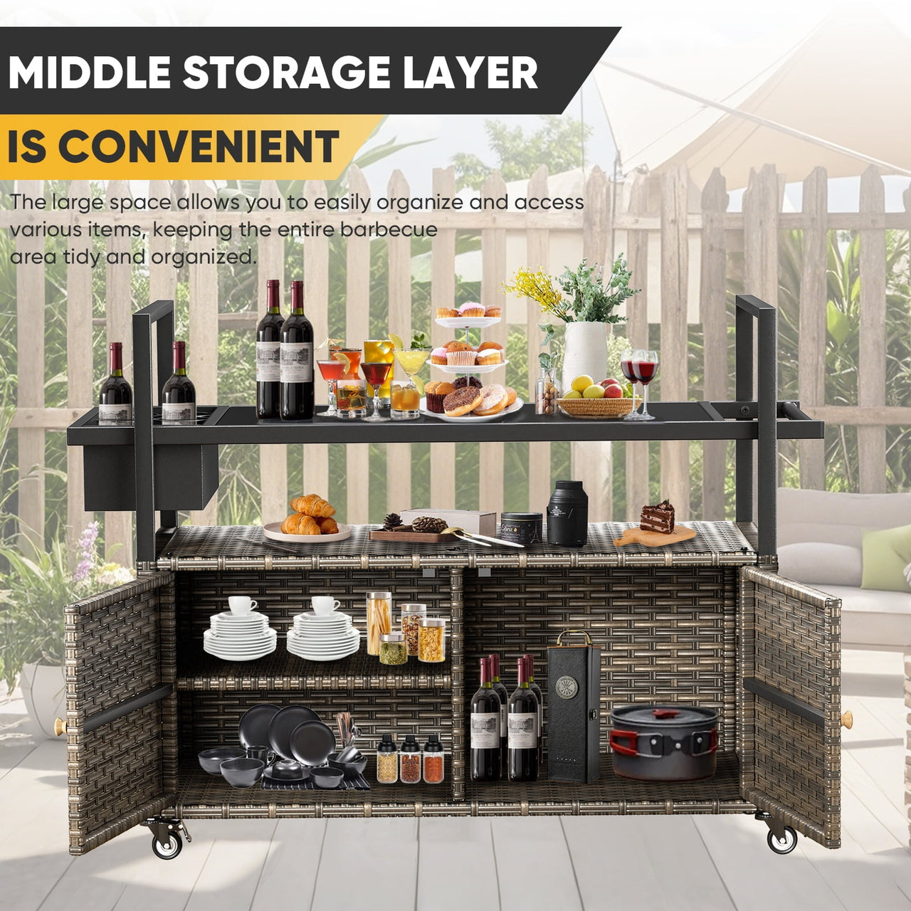 Gymojoy Outdoor Dining Cart Table, Patio Grill Cart with Tempered Glass Top,Wicker Storage Cabinet, Lockable Wheels and Side Basket for Garden, Poolside & Backyard, Gray