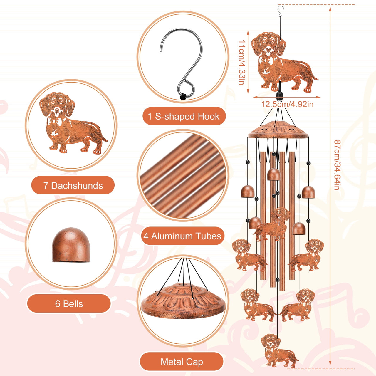 topjuju 35 Inch Dachshund Dog Wind Chimes, Metal Wind Chimes for Outside, Dachshund Decor, Dachshund Dog Lover Gifts, Housewarming/Mother's Day/Birthday Gifts, Memorial Gifts for Loss of Dog