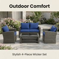 HOYOA Wicker Patio Furniture Set, 4 Piece Outdoor Sectional Conversation Sets, Grey PE Rattan Patio Sofa Set for Balcony, Porch, Backyard, Blue