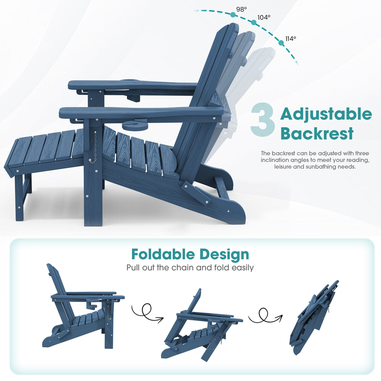 KINGYES Folding Adjustable Adirondack Chair with Retractable Ottoman Set of 2 for Patio Garden, Blue