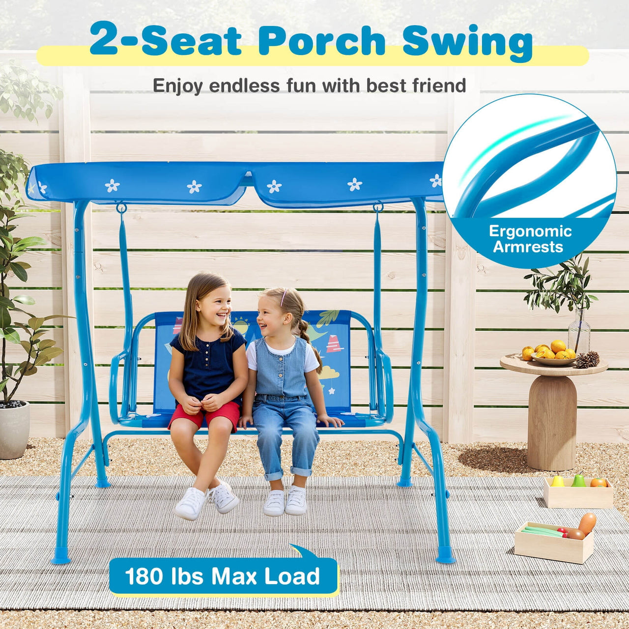 Costway 2-Seater Toddler Porch Swing Chair with Metal Stand Adjustable Canopy Safety Belts Blue