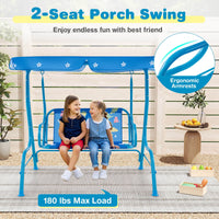 Costway 2-Seater Toddler Porch Swing Chair with Metal Stand Adjustable Canopy Safety Belts Blue