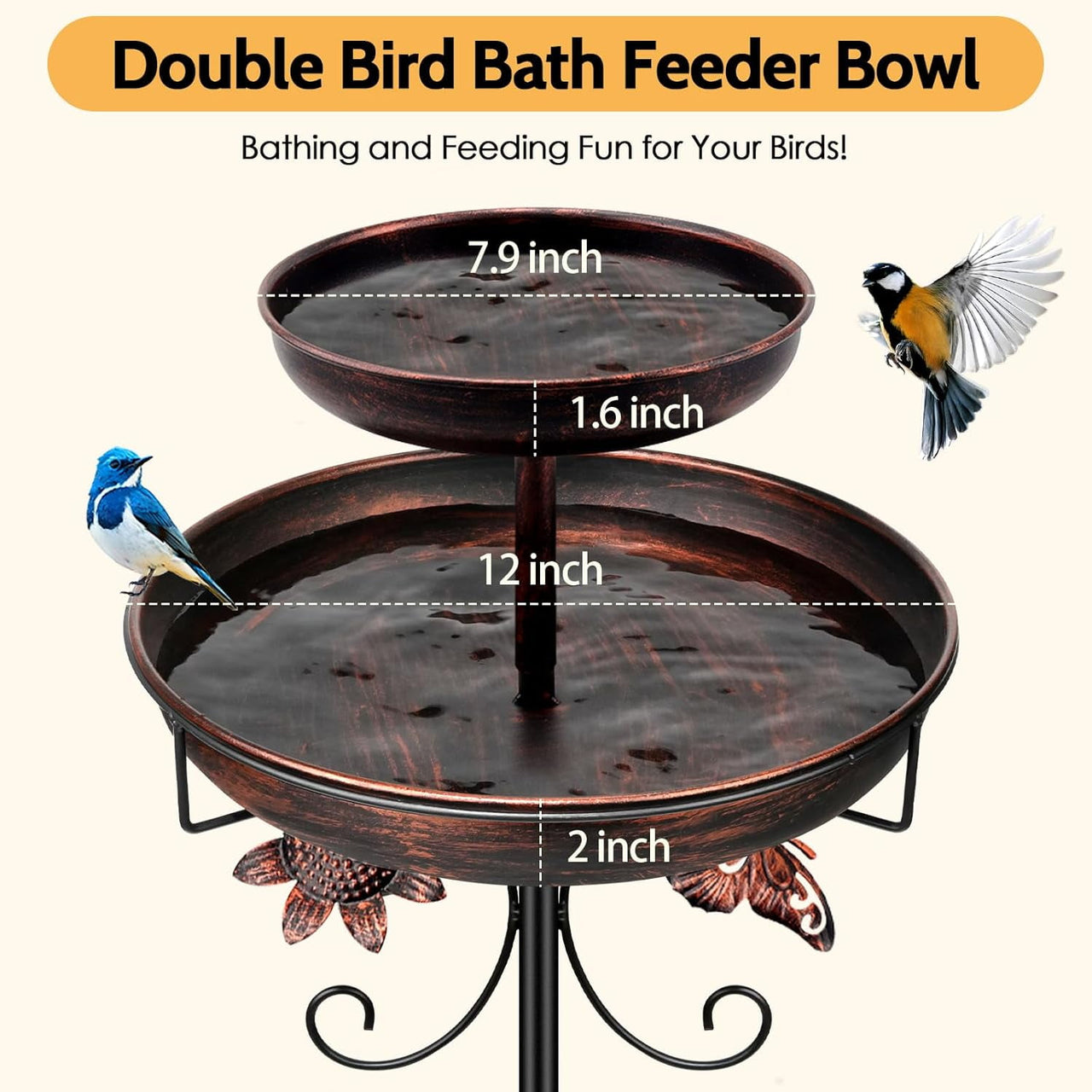 SLUMLOVE Bird Bath for Outside, 42In Double Metal Bird Bath for Garden Patio Yard Lawn Decor, Upgraded 5-Pronged Base