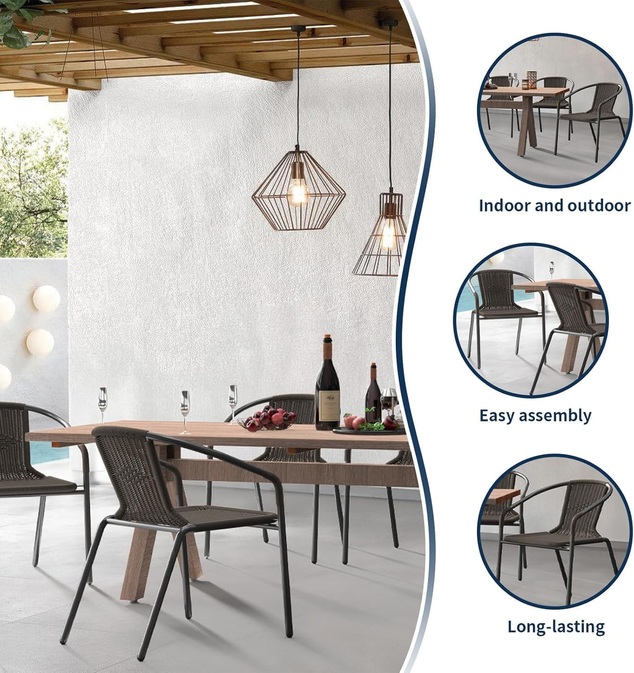 ELPOSUN Outdoor Dining Chairs Set of 4, Wicker Patio Chairs with Metal Frame, Rattan Indoor-Outdoor Chairs for Bistro, Deck, Backyard, Porch, Restaurant Stack Chair 4 Pack （Gray）