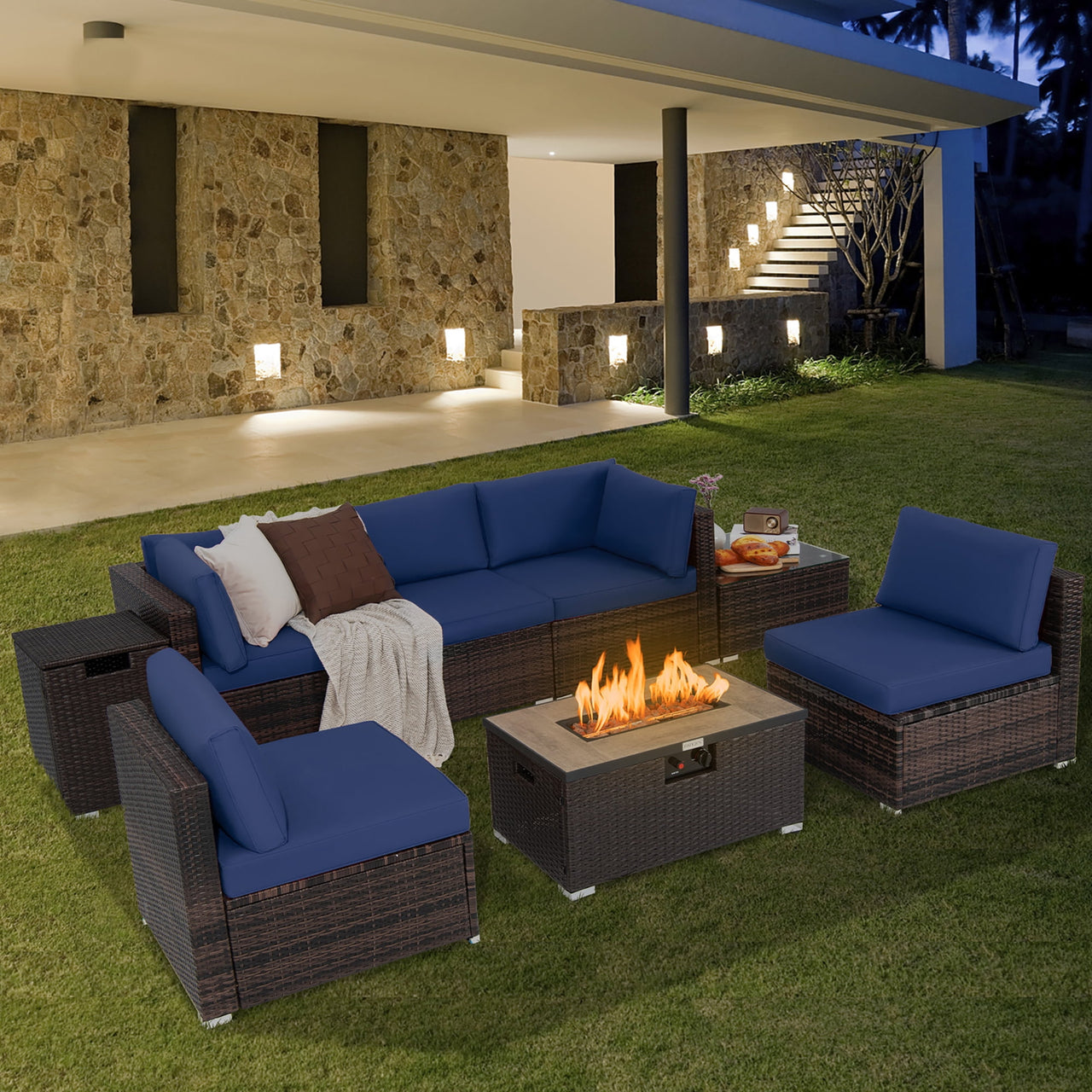 Costway 8PCS Patio Rattan Furniture Set Fire Pit Table Tank Holder Cover Deck Navy
