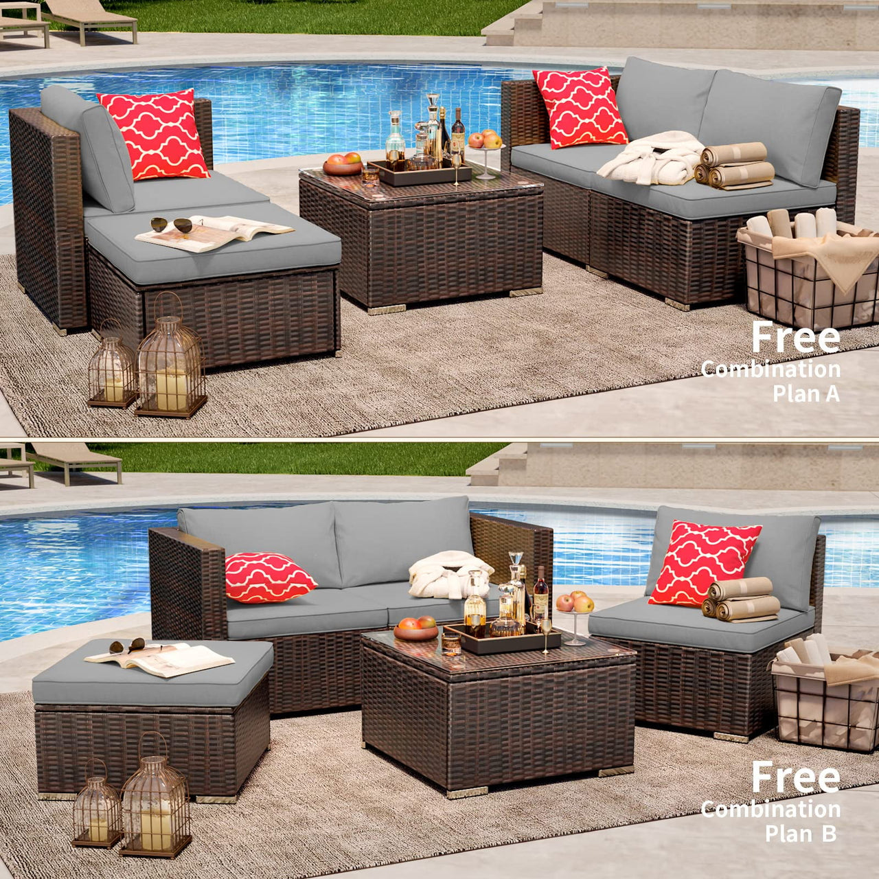 Patio Furniture Set Clearance, 5 Pieces Outdoor Conversation Set with Wicker Sofa Set and Tempered Glass Table for Garden & Backyard, Gray