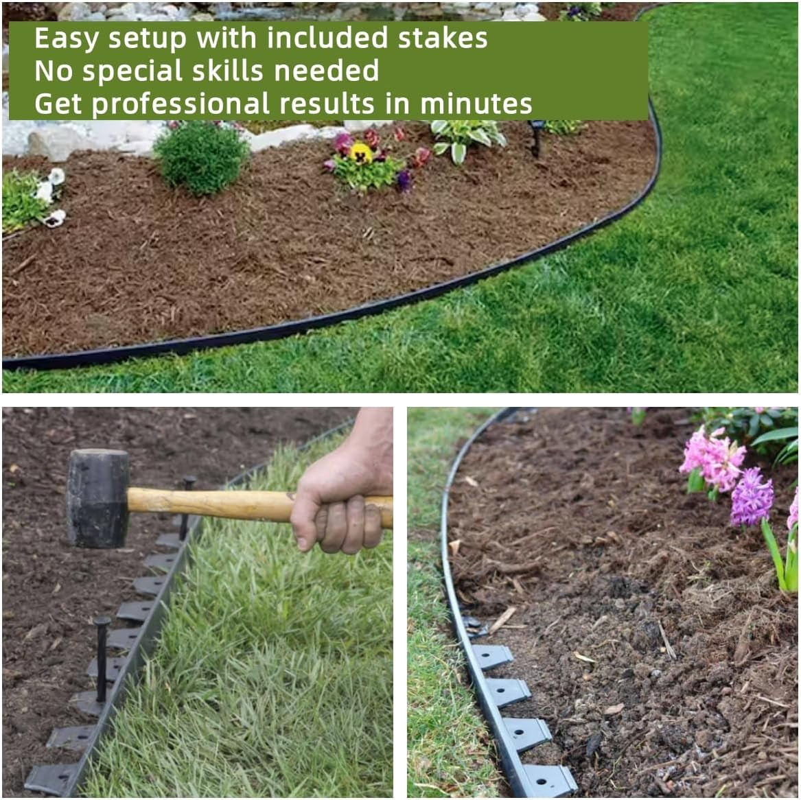 No Dig Durable Garden Landscape Edging Kit, Black Plastic Lawn Border with 24pcs Anchoring Spikes for Landscaping, Flower Gardens, Lawn (20FT+ 24pcs Anchoring Spikes)