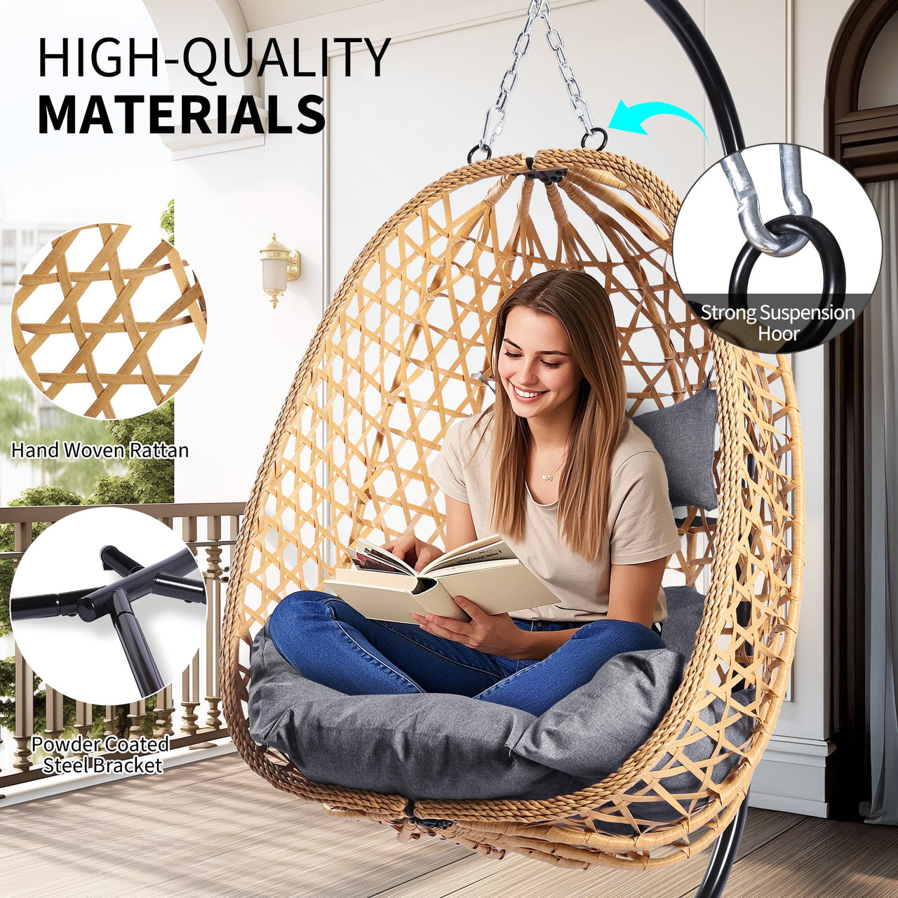 Egg Chair with Stand, Patio Wicker Bifanuo Hanging Chair, Hammock Swing Chair, 350LBS Capacity for Bedroom, Balcony, Garden