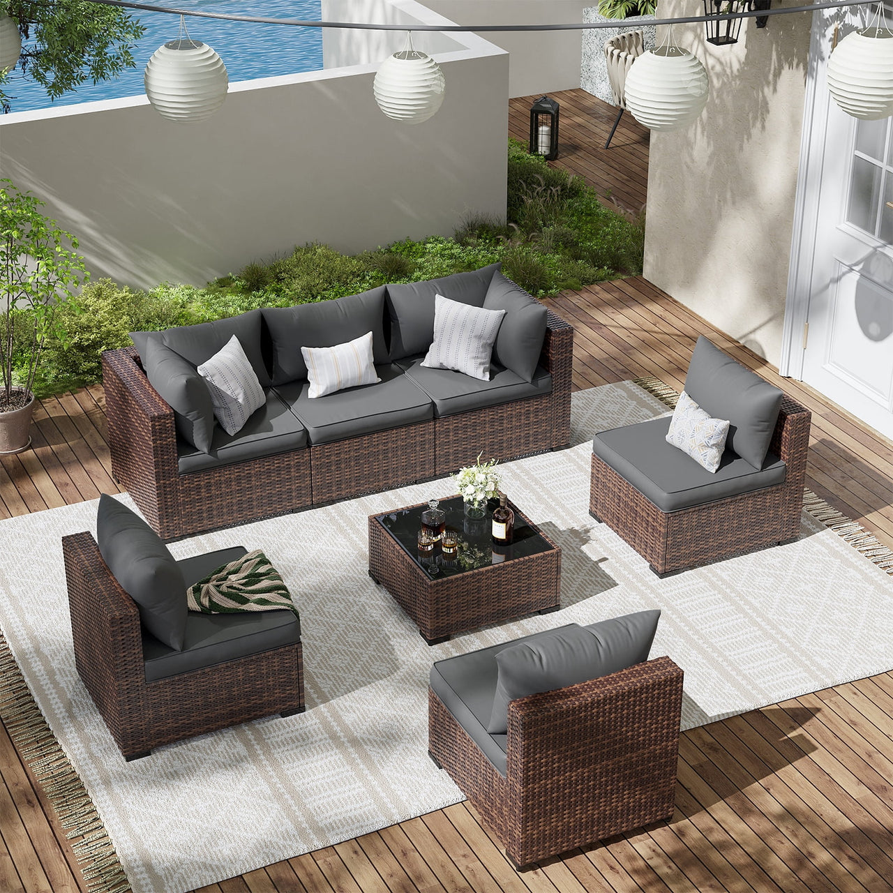 ELPOSUN Patio Furniture Set, Outdoor Patio Furniture Wicker Furniture Couch Set, 7 Pieces Outdoor Sectional Sofa, Patio Furniture Set, Outdoor Patio Set for Home Furniture (Grey)