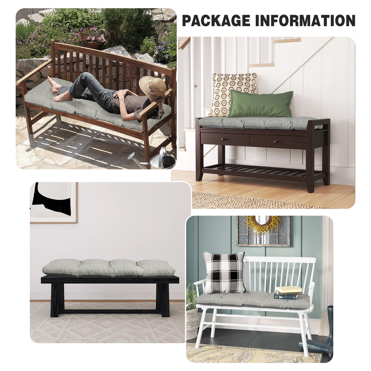 Baibu Tufted Bench Cushion Loveseat Cushion with Tires Suitable for Garden Patio Bench Indoor Furniture with Anti-slip Bottom, Light Grey, 36"x15"x3"