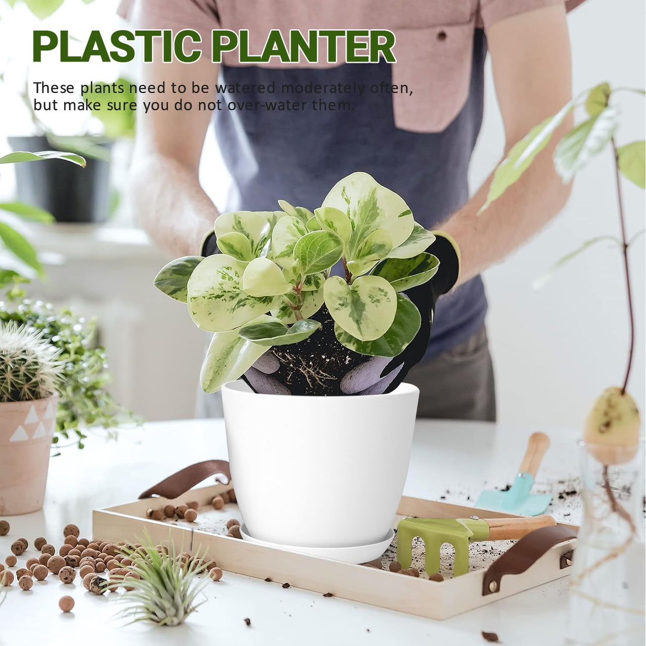 FOUKUS Set of 5 White Plastic Plant Pots with Drainage Holes and Tray - Eco-Friendly Indoor/Outdoor Flower Planters for Succulents, Cactus, Snake Plants - Sizes: 7", 6.6", 6", 5.3", 4.8"