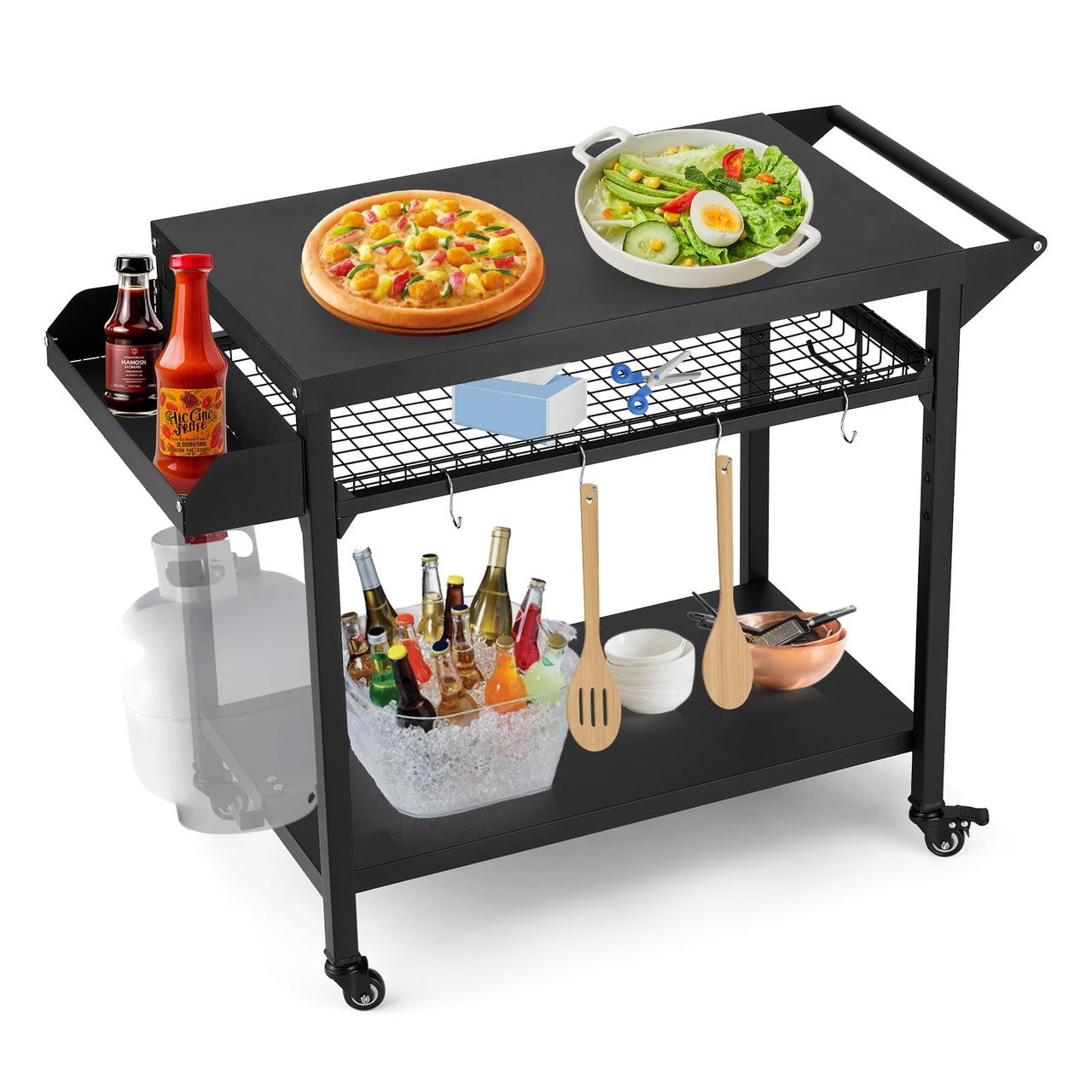 2/3-Shelf Grill Cart, with Wheels & Mesh Rack, Outdoor Pizza Oven Table and Food Prep Table, Black Table with Propane Tank Hook, Grill Stand for Griddle for Outside BBQ