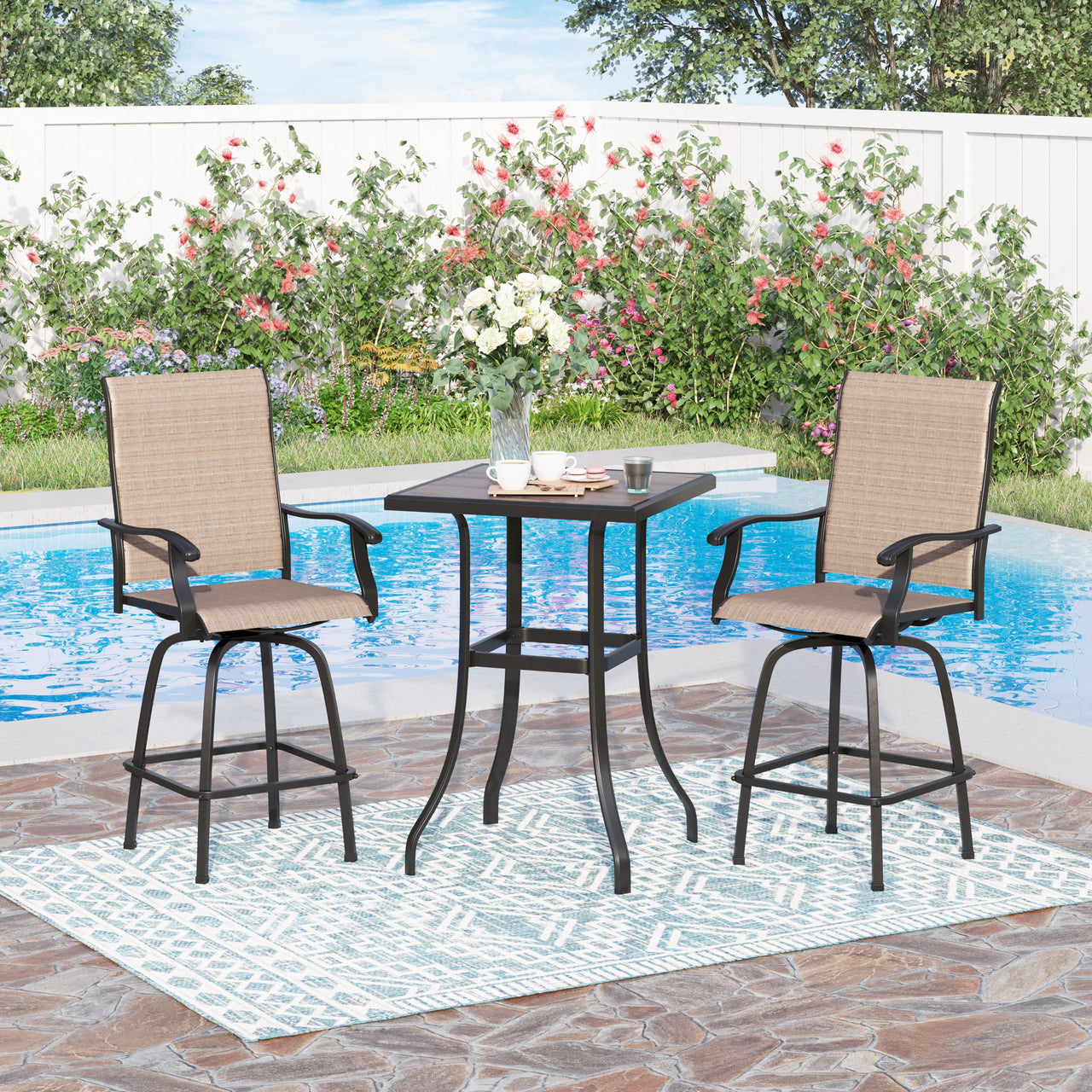 Sophia & William 2 Pcs Outdoor Swivel Metal Bar Stools Patio Counter Height Textilene Chairs for Garden, Backyard in Brown