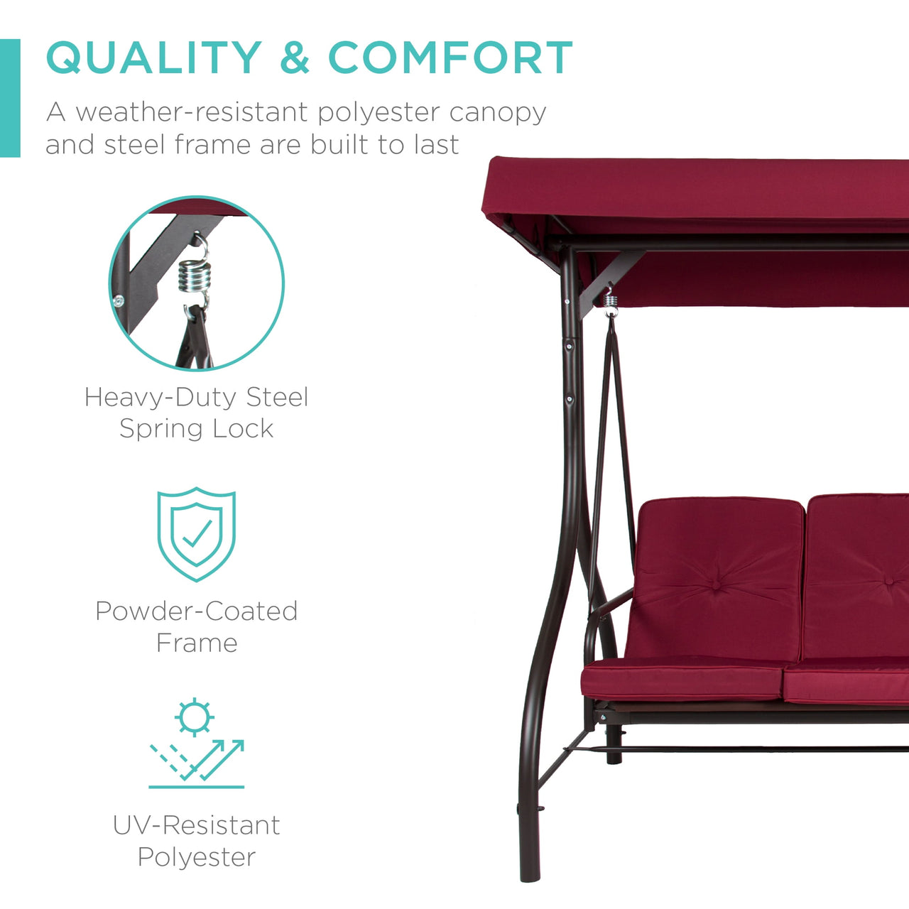 Best Choice Products 3-Seat Outdoor Converting Canopy Swing Glider Patio Hammock w/ Removable Cushions - Burgundy