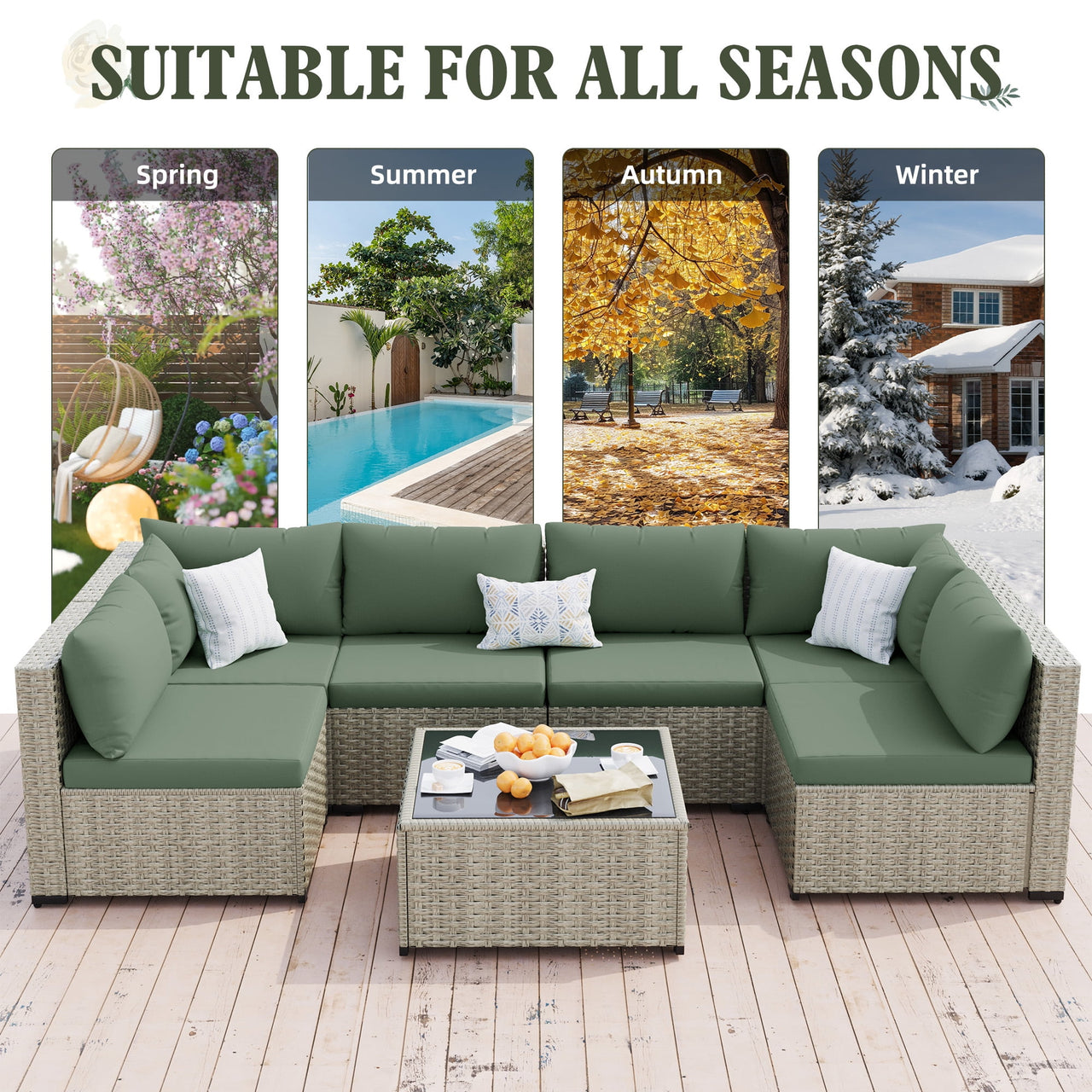 Amopatio 7 Pieces Patio Conversation Set, Outdoor Sectional PE Rattan Wicker Furniture Seat,GREEN