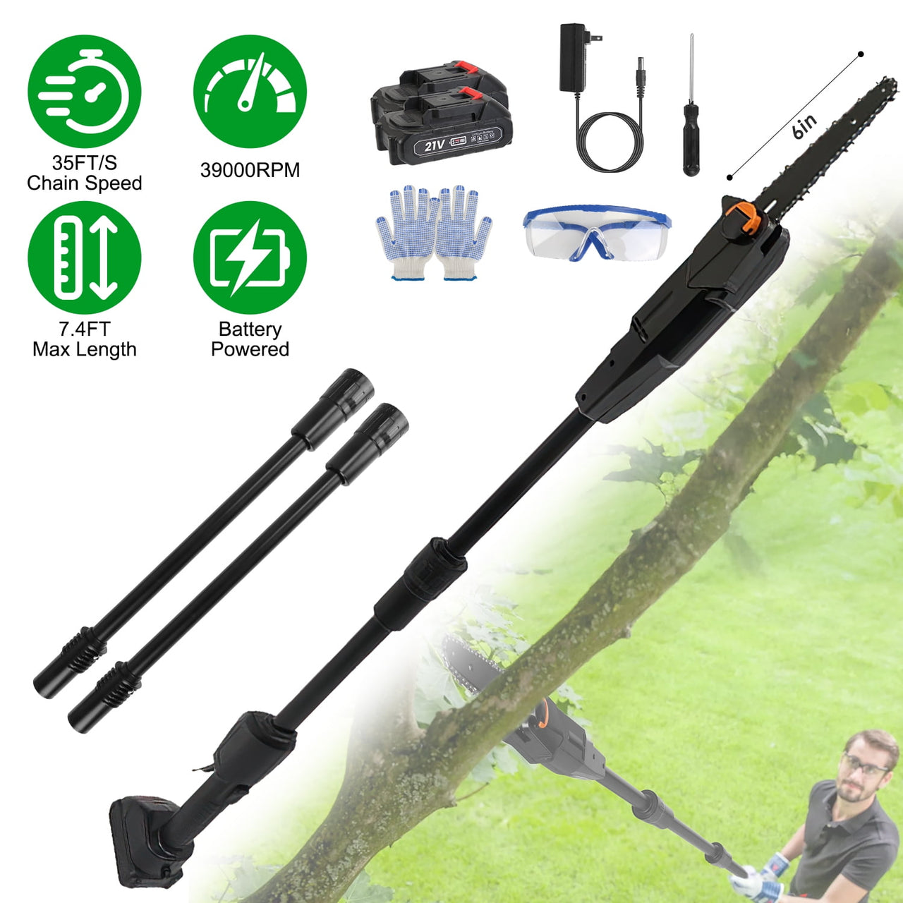 Cordless Pole Saw 6 Inch Electric Pole Chainsaw with 2Pcs 1.5Ah Batteries 35FT/S Speed 7.4ft Maximum Extendable Length for Tree Trimming