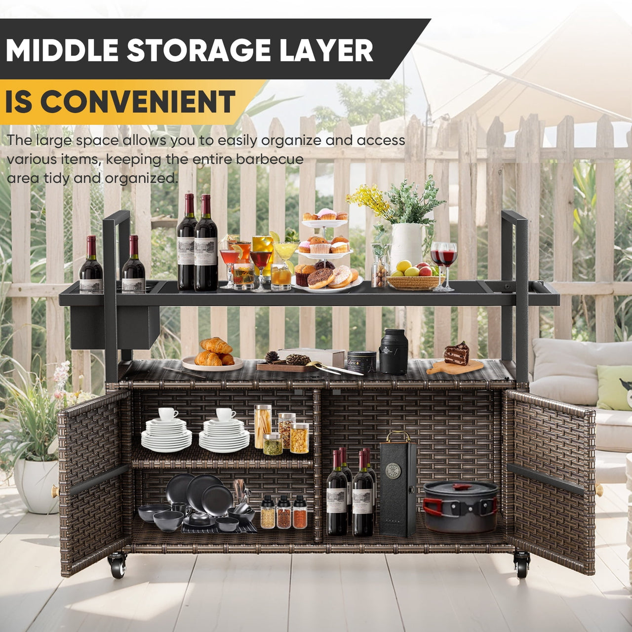 Gymojoy Outdoor Dining Cart Table, Patio Grill Cart with Tempered Glass Top,Wicker Storage Cabinet, Lockable Wheels and Side Basket for Garden, Poolside & Backyard, Brown