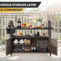 Gymojoy Outdoor Dining Cart Table, Patio Grill Cart with Tempered Glass Top,Wicker Storage Cabinet, Lockable Wheels and Side Basket for Garden, Poolside & Backyard, Brown