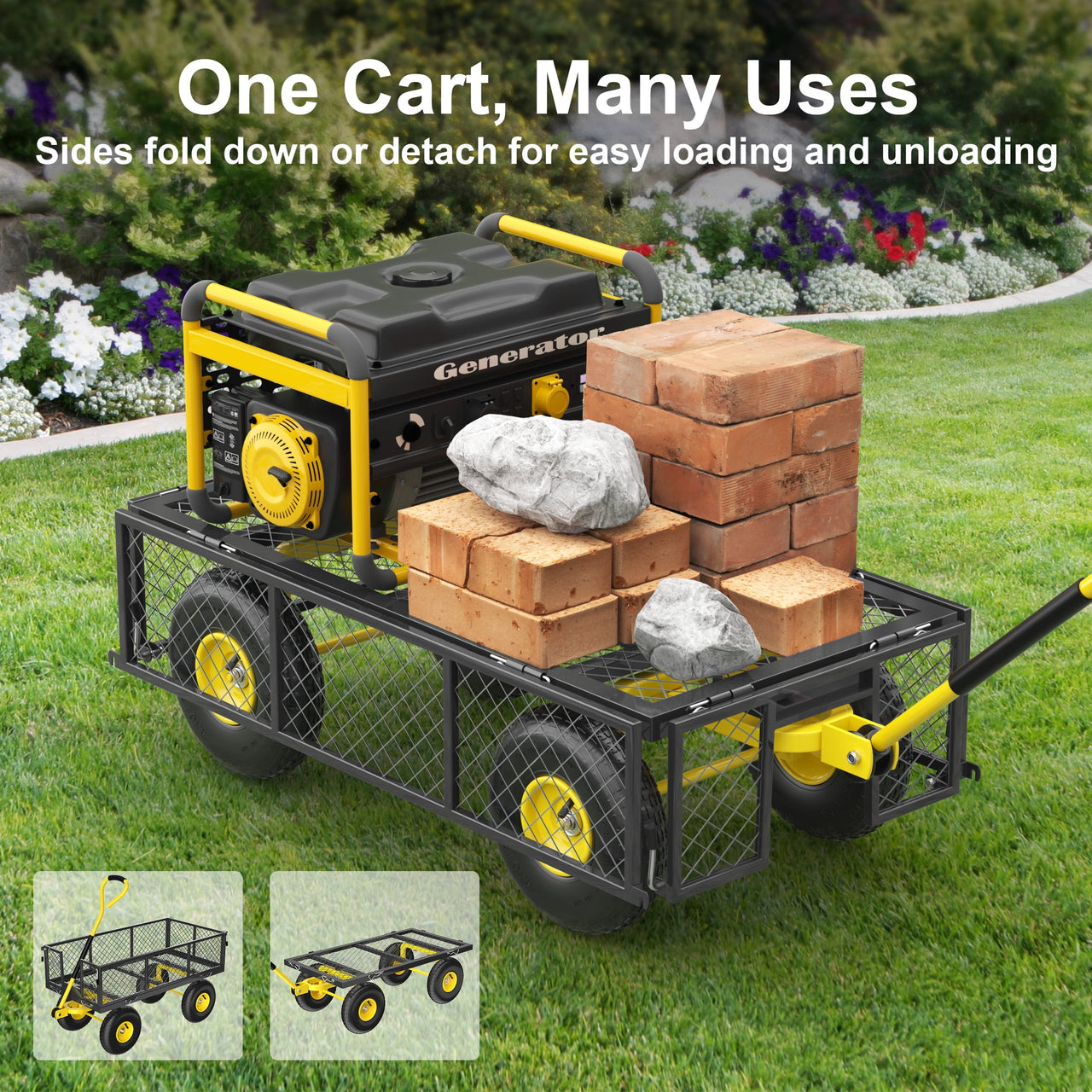 Firstness Heavy Duty Garden Cart, 900 lbs Capacity Garden Wagon with Removable Sides, Black
