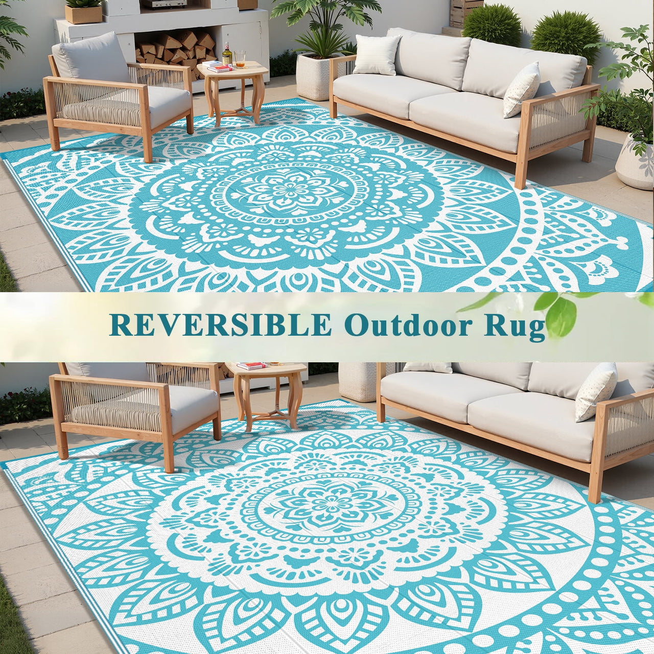 Yamaziot 6'x9' Outdoor Rugs Patio Rug Reversible Mats Waterproof RV Rug Plastic Straw Outdoor Area Rug for Patios, Camping, Porch, Balcony, Beach, Deck, Teal