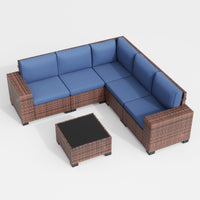 UDPATIO 6-Piece Patio Furniture Set, Outdoor Patio Sofa Set With Wide Armrest, All-Weather Wicker Rattan Guest Set With Cushion And Glass Table And Waterproof Cover, Brown & Navy Blue