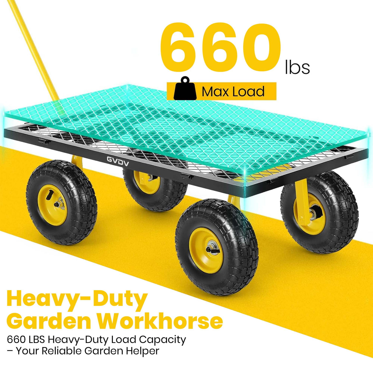 GVDV Heavy Duty Steel Garden Cart with Liner, 660lbs Capacity, 3 Cu ft, 10" All-Terrain Wheels, Black/Yellow – Durable Utility Cart for Yard Work, Hauling, and Outdoor Use