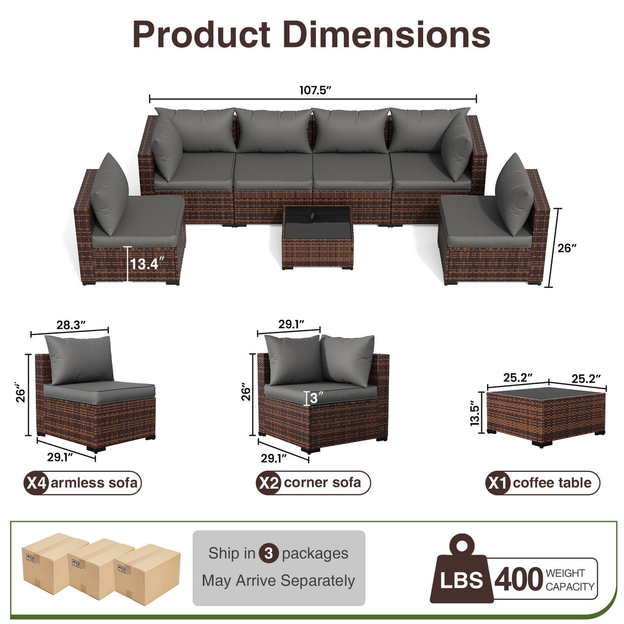 ELPOSUN Patio Furniture Set, Outdoor Patio Furniture Wicker Furniture Couch Set, 7 Pieces Outdoor Sectional Sofa, Patio Furniture Set, Outdoor Patio Set for Home Furniture (Grey)