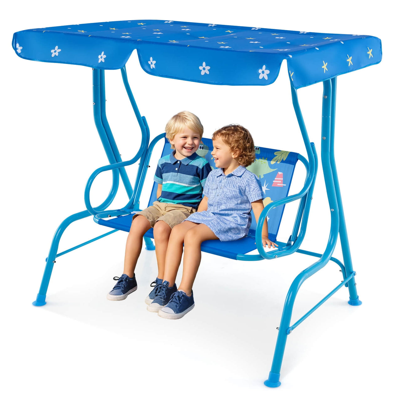 Costway 2-Seater Toddler Porch Swing Chair with Metal Stand Adjustable Canopy Safety Belts Blue