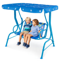Costway 2-Seater Toddler Porch Swing Chair with Metal Stand Adjustable Canopy Safety Belts Blue