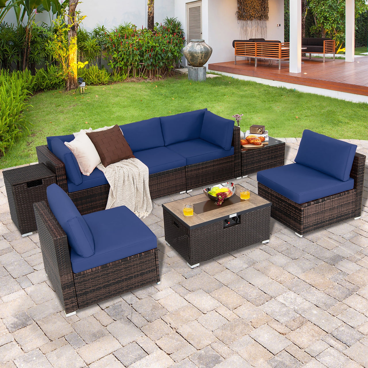 Costway 8PCS Patio Rattan Furniture Set Fire Pit Table Tank Holder Cover Deck Navy