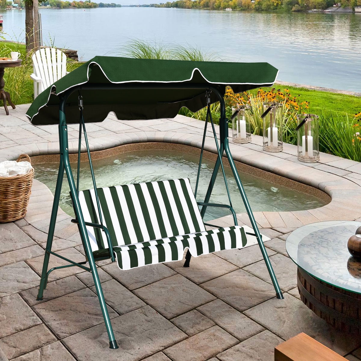 Costway Loveseat Patio Canopy Swing Glider Hammock Cushioned Steel Frame Outdoor Green