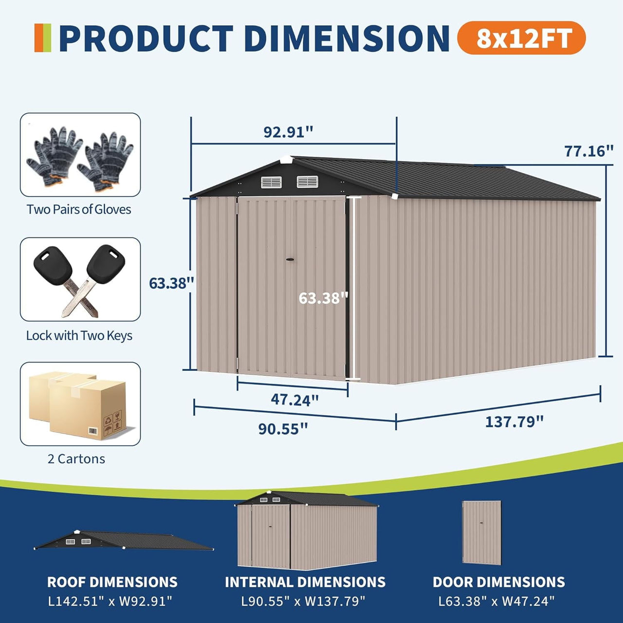 8x12 FT Metal Storage Sheds Outdoor, Metal Yard Sheds Garden Shed Kit, 8x12x6.4 FT Outdoor Storage Sheds, Metals Tool Shed with Lockable Door, Metals UtilityShed Buildings with Air Vent for Backyard G
