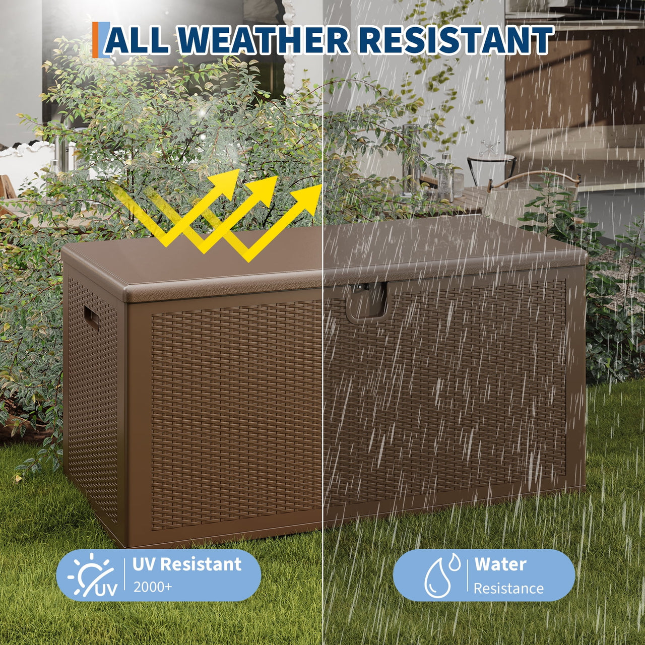 Gaderth 150 Gal Deck Box, Weather-Resistant Outdoor Storage Box with Lid, Weatherproof & Lockable Outdoor Storage Bin, Lockable Storage Bin with Built-in Handle for Patio