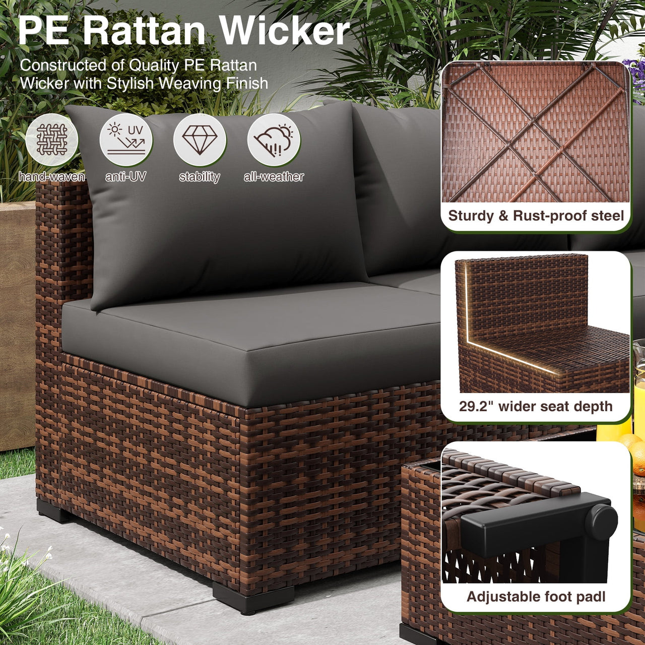 ELPOSUN Patio Furniture Set, Outdoor Patio Furniture Wicker Furniture Couch Set, 7 Pieces Outdoor Sectional Sofa, Patio Furniture Set, Outdoor Patio Set for Home Furniture (Grey)