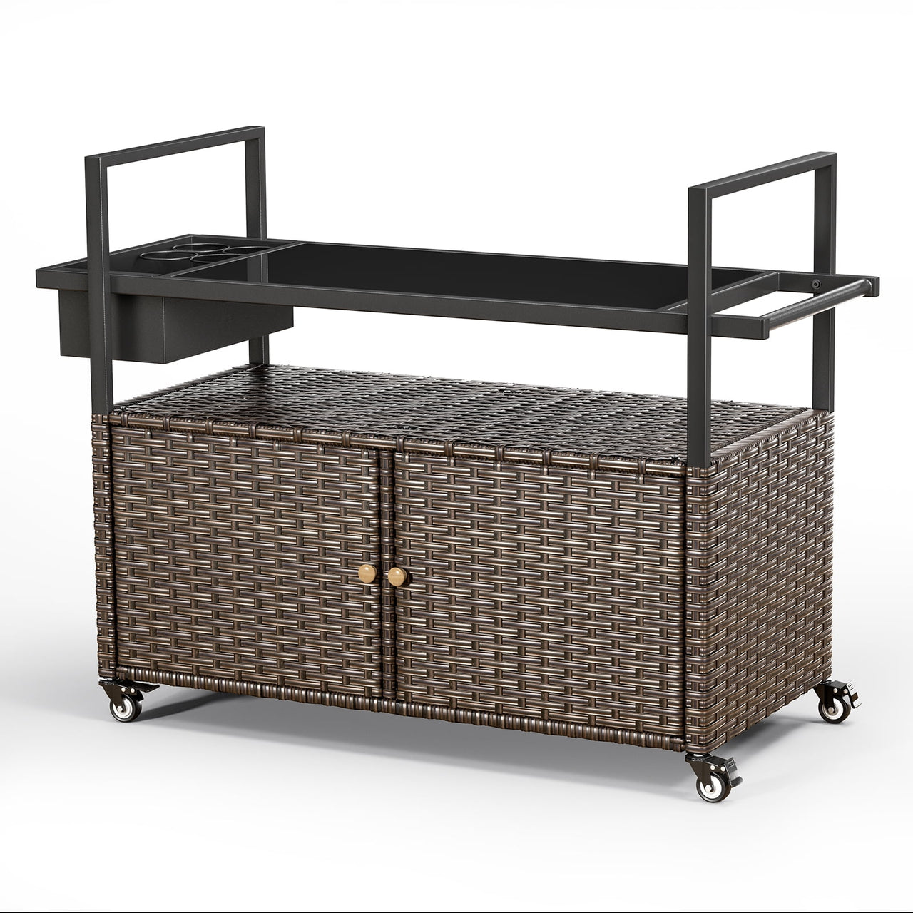 Gymojoy Outdoor Dining Cart Table, Patio Grill Cart with Tempered Glass Top,Wicker Storage Cabinet, Lockable Wheels and Side Basket for Garden, Poolside & Backyard, Brown