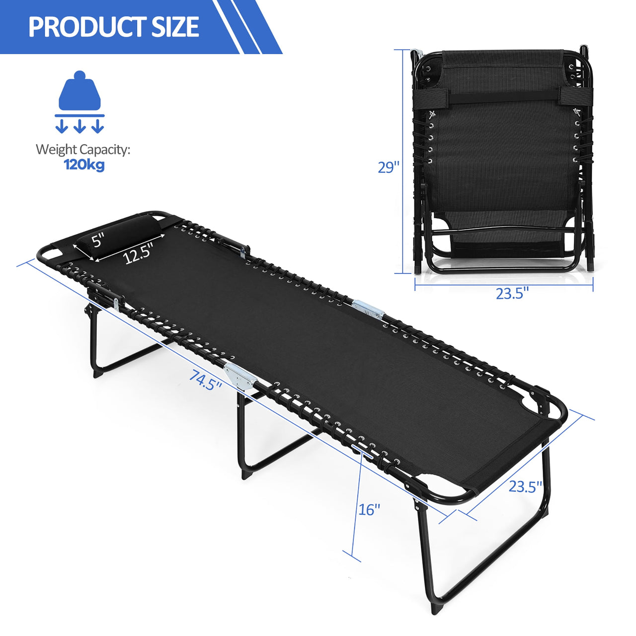 Costway Folding Lounge Chaise 16'' High Recline Chair W/Adjustable Backrest and Footrest Black