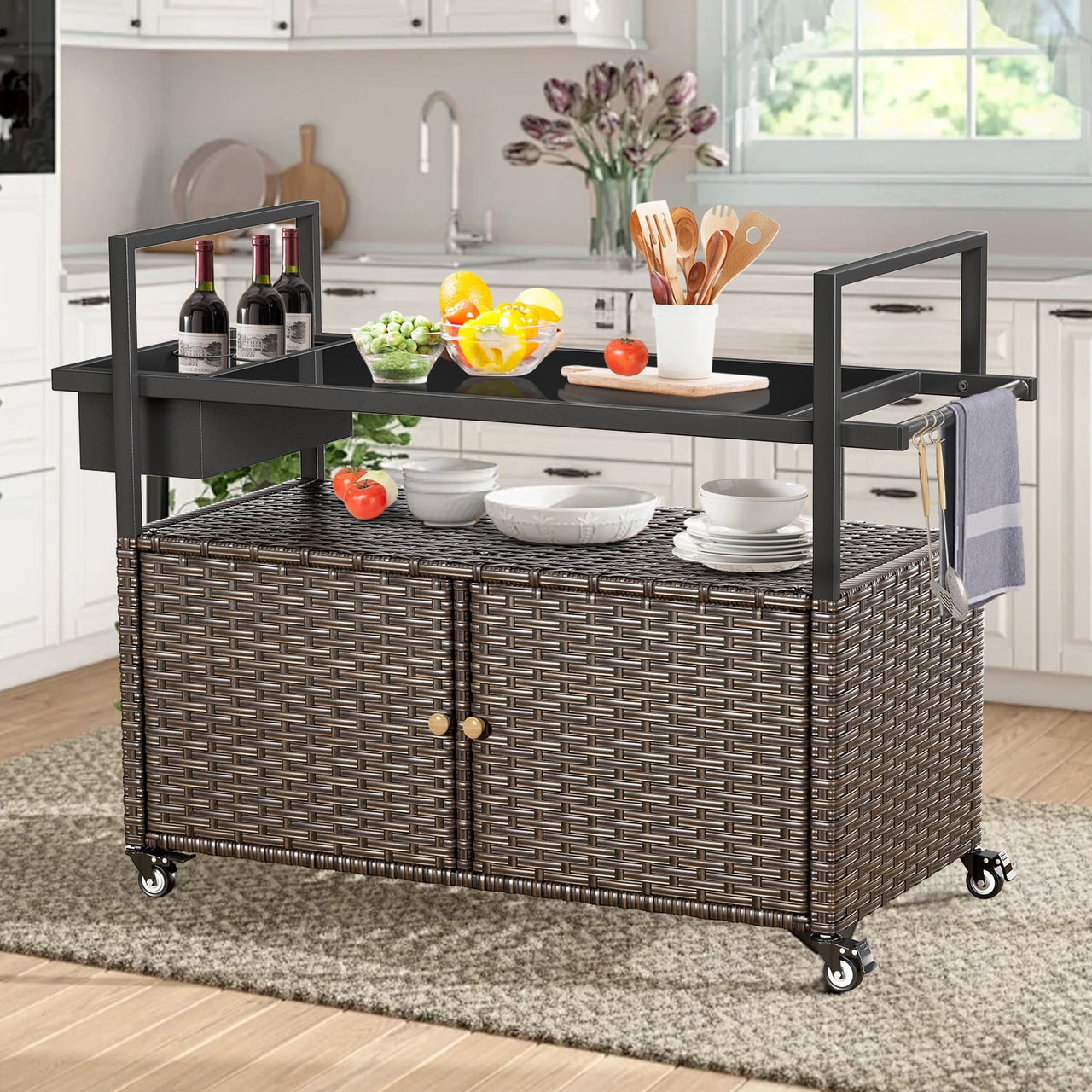 Gymojoy Outdoor Dining Cart Table, Patio Grill Cart with Tempered Glass Top,Wicker Storage Cabinet, Lockable Wheels and Side Basket for Garden, Poolside & Backyard, Brown