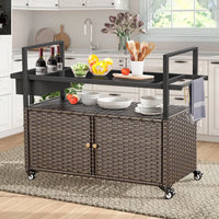 Gymojoy Outdoor Dining Cart Table, Patio Grill Cart with Tempered Glass Top,Wicker Storage Cabinet, Lockable Wheels and Side Basket for Garden, Poolside & Backyard, Brown