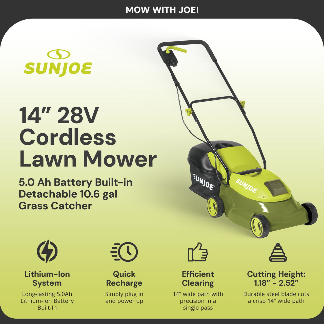 Open Box Sun Joe MJ401C-XR Cordless Lawn Mower, 28V, 14 Inch, 10.6 Gal Catcher