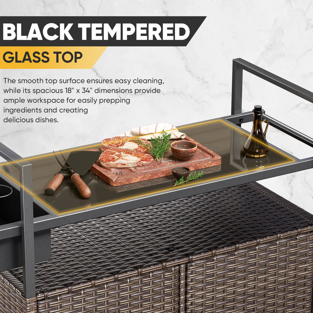 Gymojoy Outdoor Dining Cart Table, Patio Grill Cart with Tempered Glass Top,Wicker Storage Cabinet, Lockable Wheels and Side Basket for Garden, Poolside & Backyard, Brown