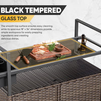Gymojoy Outdoor Dining Cart Table, Patio Grill Cart with Tempered Glass Top,Wicker Storage Cabinet, Lockable Wheels and Side Basket for Garden, Poolside & Backyard, Brown