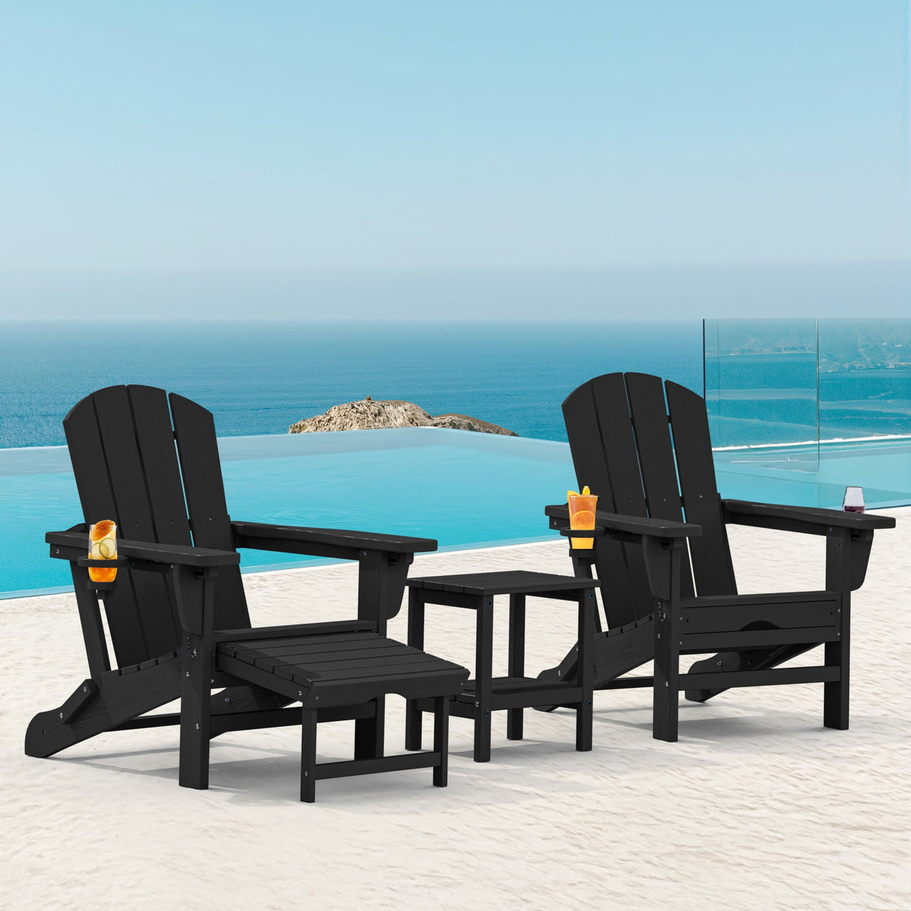 SERWALL Adjustable Folding Adirondack Chair with Footrest & Dual Cup Holders Set of 2, HDPE Foldable Multifunctional Adirondack Chair with Ottoman for Patio, Outdoor, Garden, Black