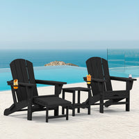SERWALL Adjustable Folding Adirondack Chair with Footrest & Dual Cup Holders Set of 2, HDPE Foldable Multifunctional Adirondack Chair with Ottoman for Patio, Outdoor, Garden, Black